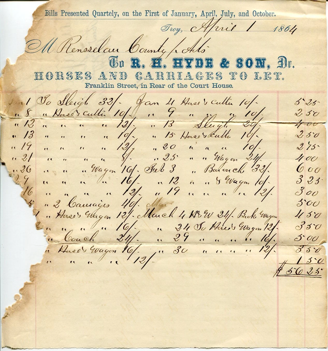 R. H. Hyde & Son Horses And Carriages Troy New York Merchant Signed 1864 Receipt
