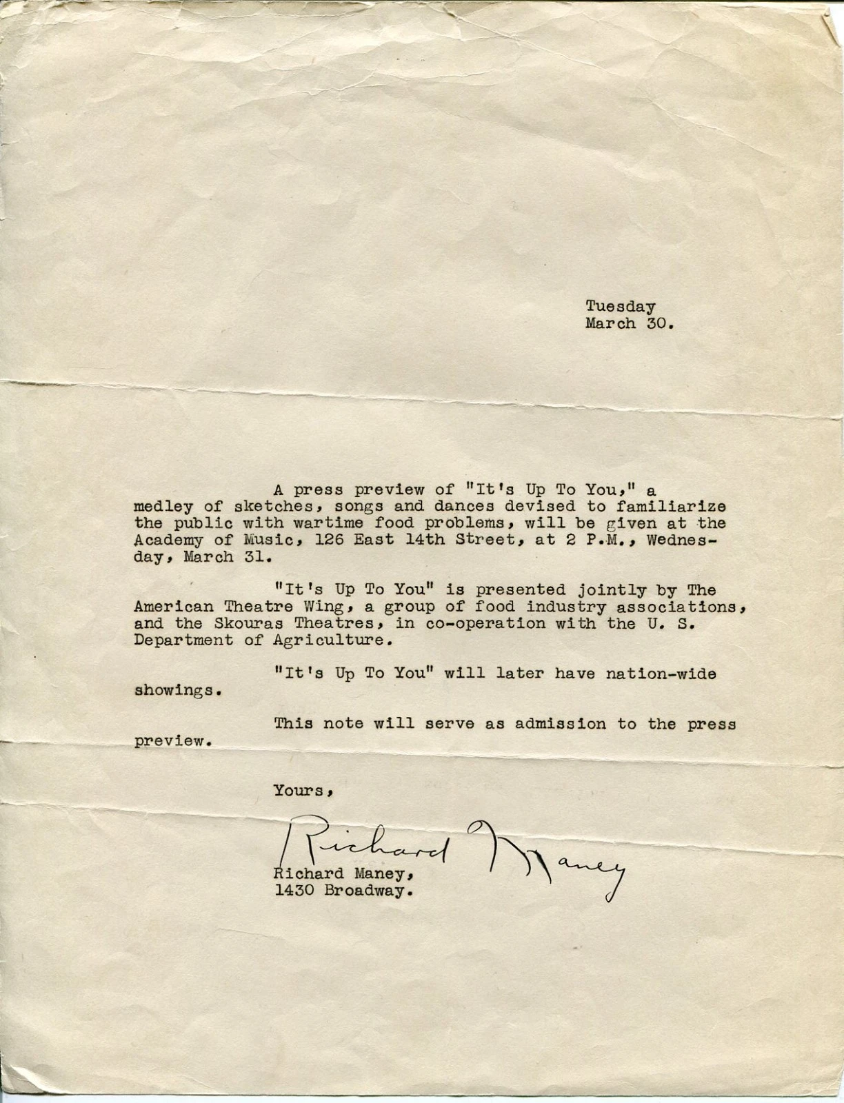 Richard Maney Broadway Press Agent Rare It's Up To You Signed Autograph Letter
