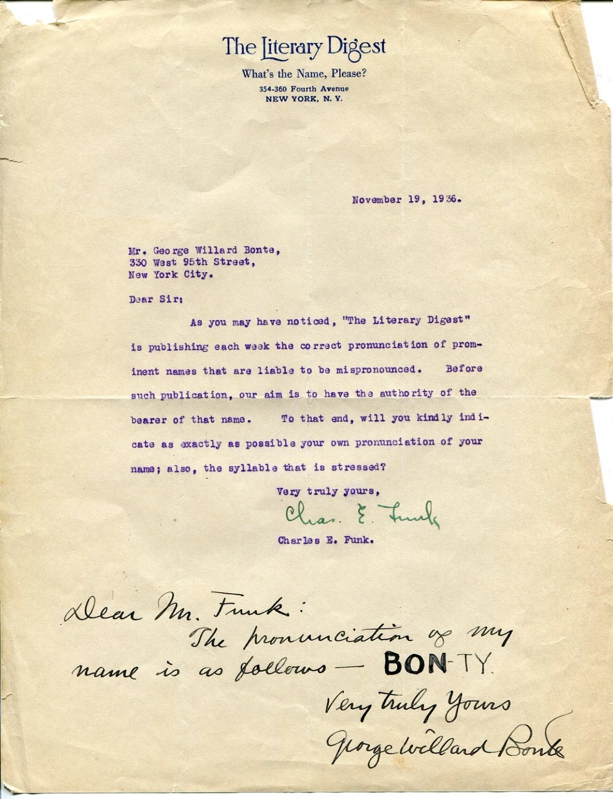 George Willard Bonte ABC in Dixie Artist New York Herald Signed Autograph Letter
