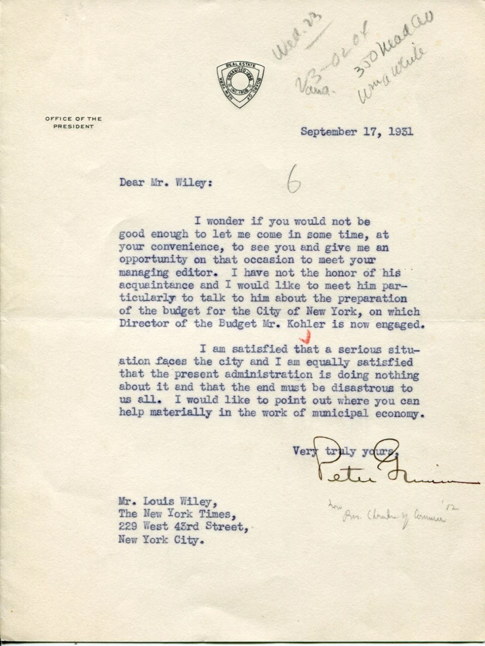 Peter Grimm New York Developer President Board Of NY Real Estate Signed TSL
