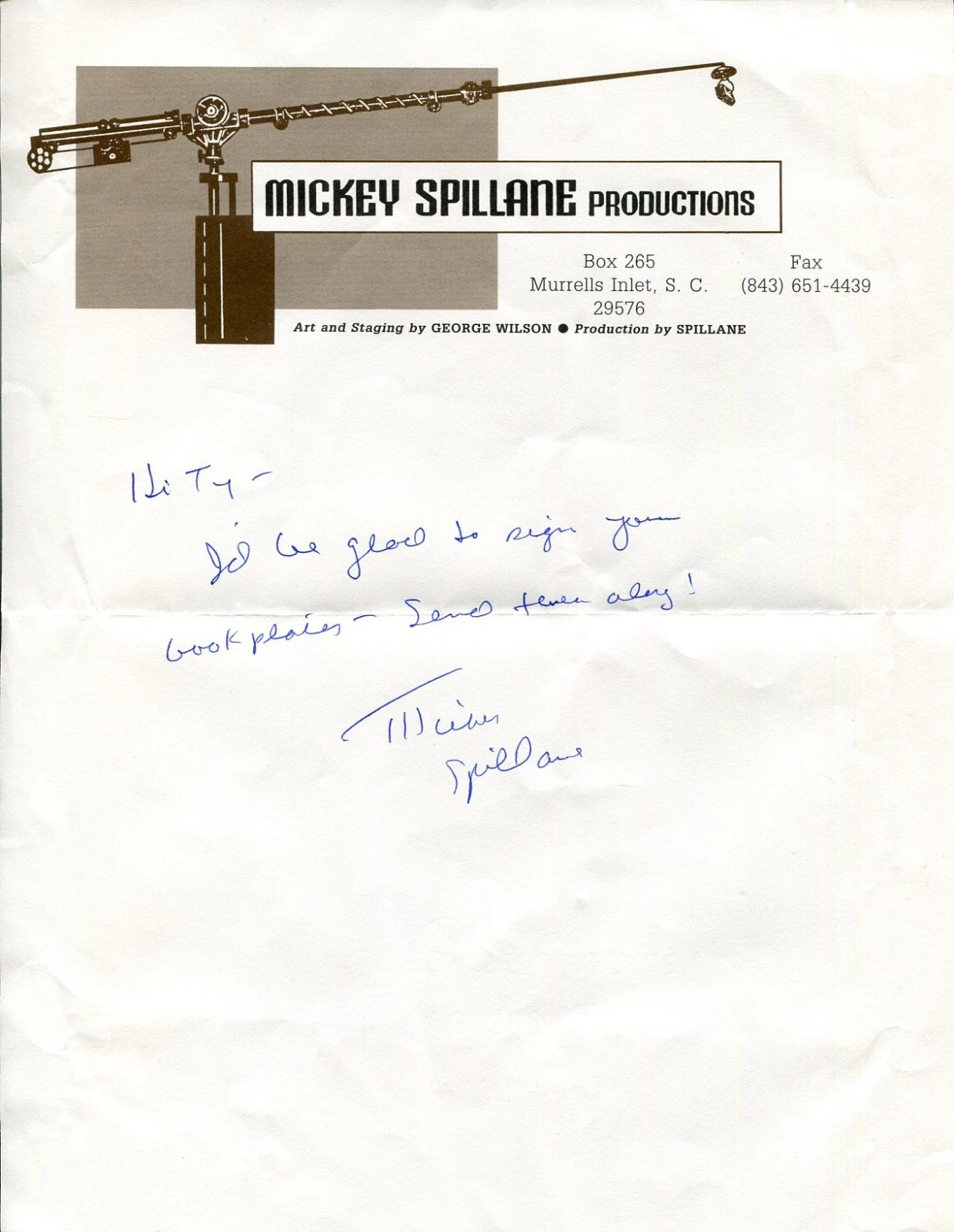 Mickey Spillane Mike Hammer Mystery Pulp Author Signed Autograph Letter

