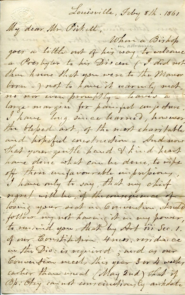 Benjamin B. Smith 1st Kentucky Episcopal Bishop Clergy Signed Autograph Letter
