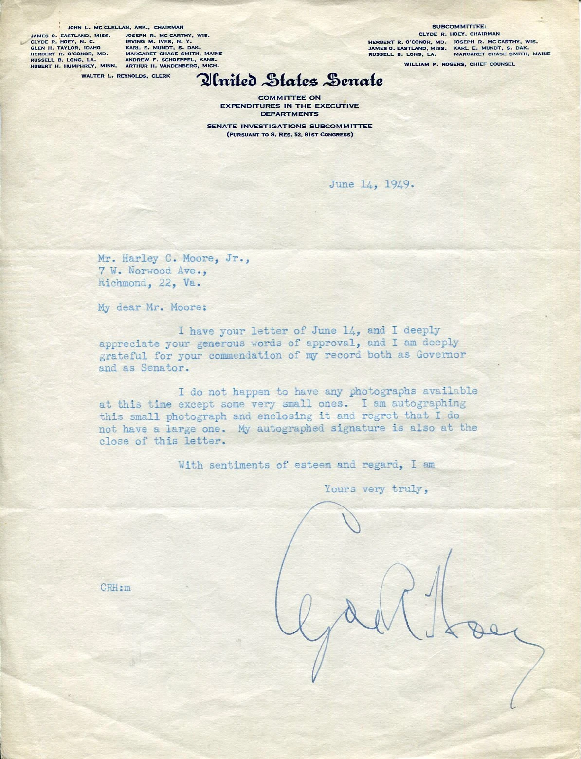 Clyde Hoey North Carolina US Senator Representative Congress Governor Signed TSL
