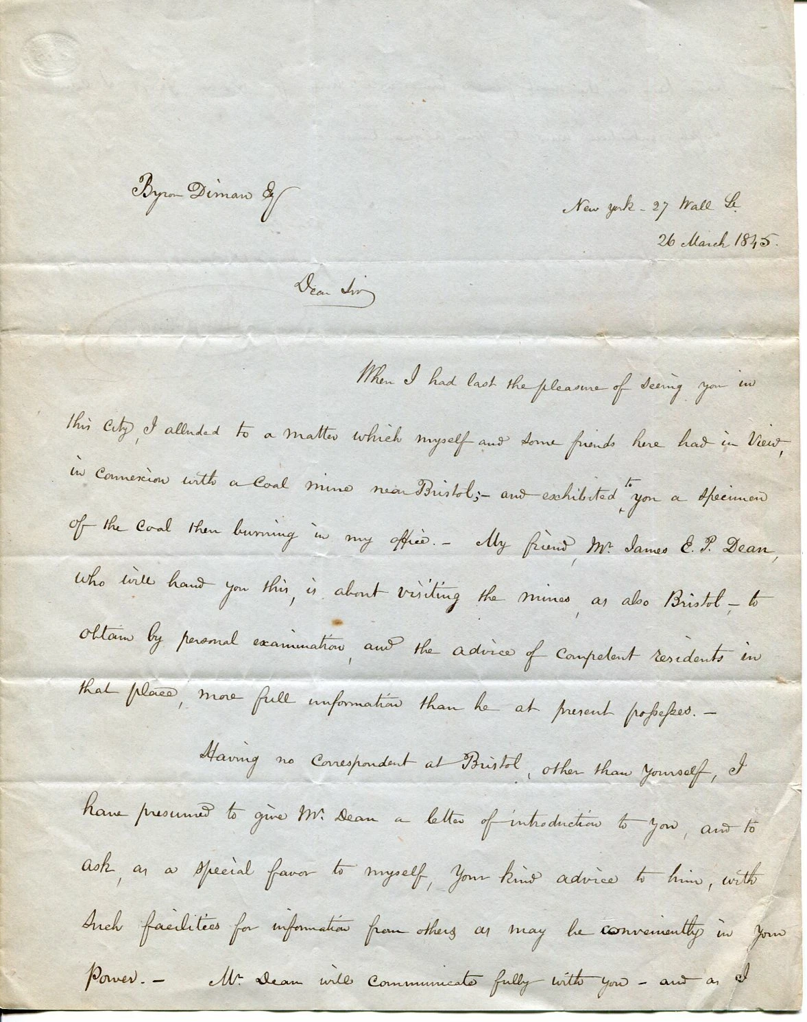 Philip Burrowes New York Lawyer NY 1845 Signed Autograph ALS to Byron Diman
