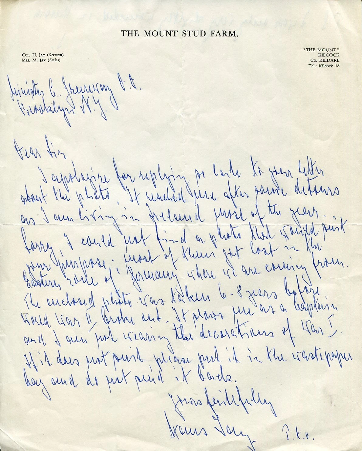 Colonel Hans Jay German Commander Paris Defense WWII POW Signed Autograph ALS
