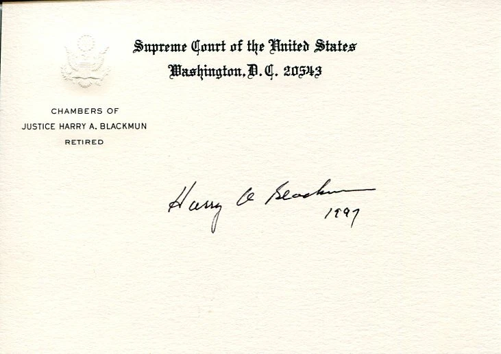 Harry Blackmun US Supreme Court Justice Judge Rare Signed Autograph Chamber Card

