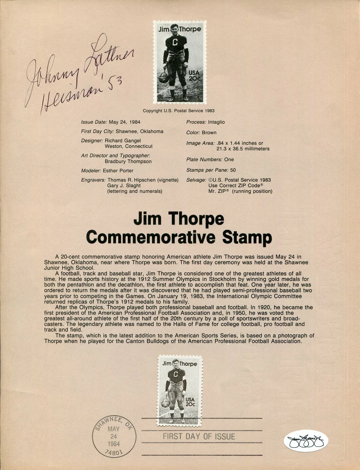 Johnny Lattner Notre Dame Heisman Winner Signed FDC USPS Stamp Page JSA
