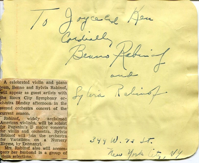 Benno Rabinof and Sylvia Rabinof Violin Piano Classical Duo Signed Autograph
