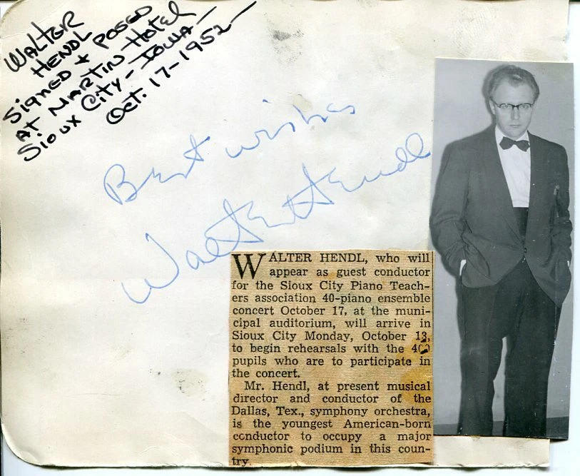 Walter Hendl Classical Conductor Composer Pianist Signed Autograph
