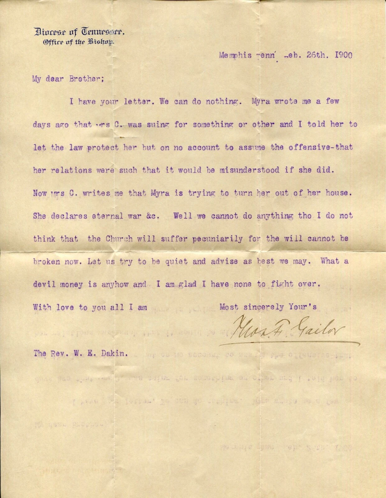 Thomas Frank Gailor Episcopal Bishop Tennessee Clergy Signed Autograph Letter
