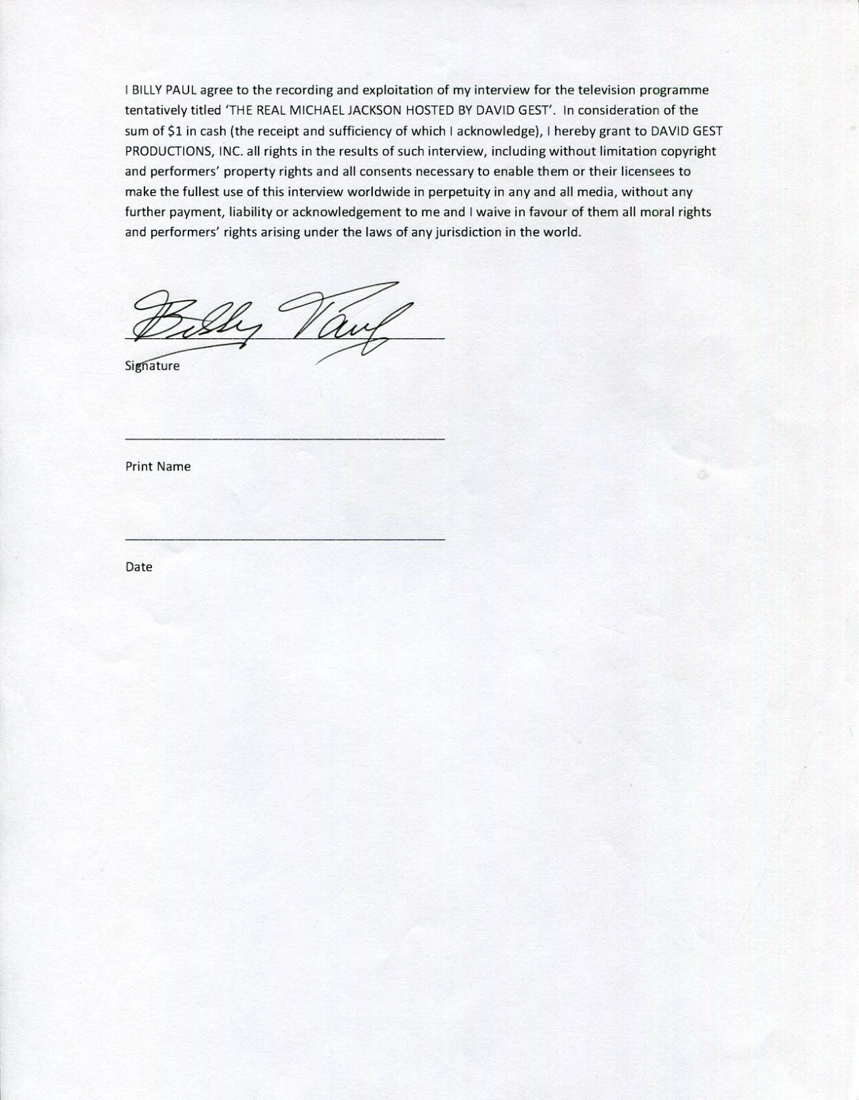 Billy Paul Me and Mrs. Jones LET 'EM IN Singer R&B Signed Autograph Release Form
