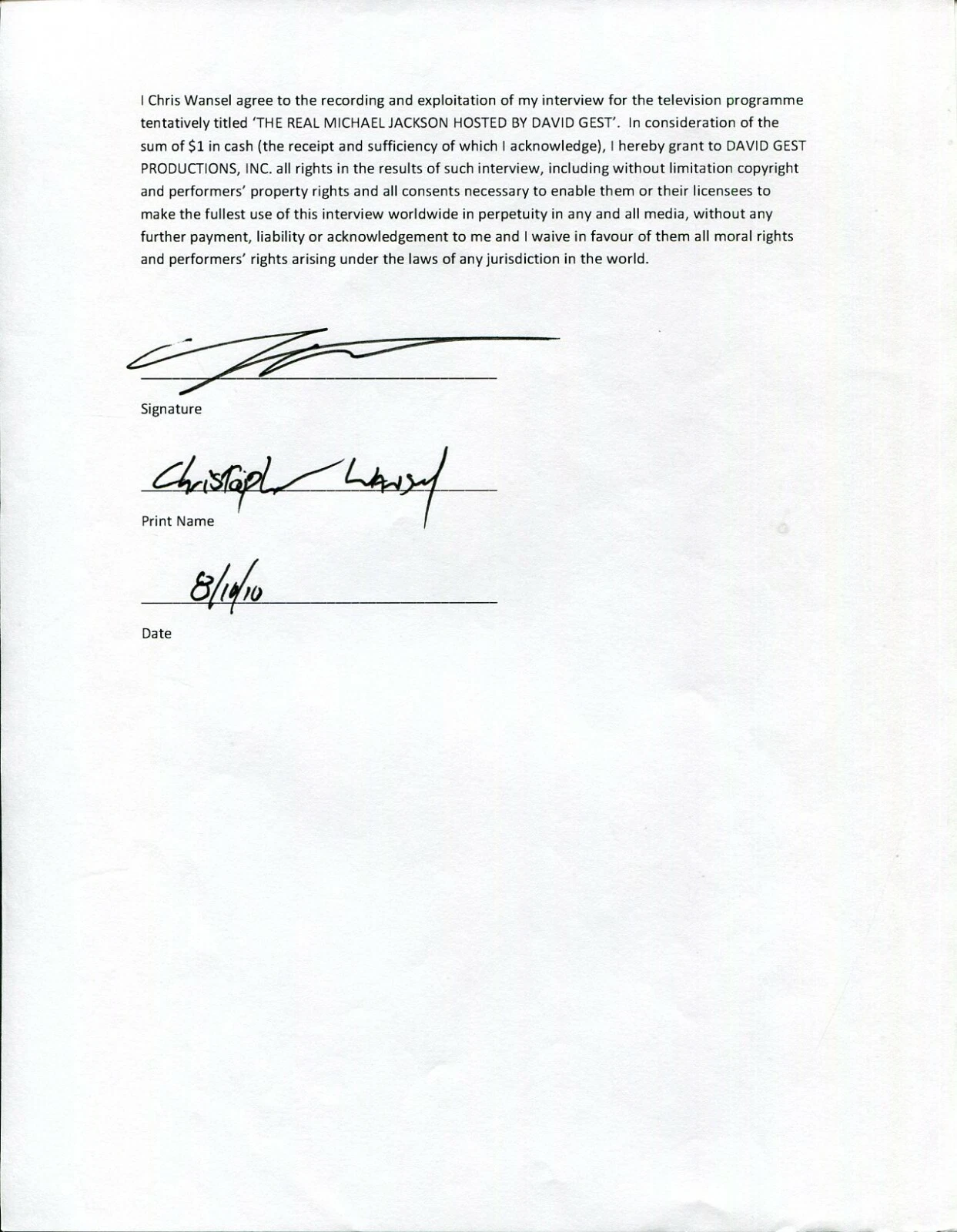 Chris Wansel Signed Autograph Michael Jackson Documentary Movie Release
