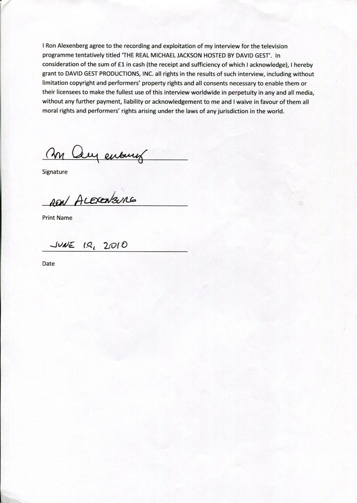 Ron Alexenburg CBS Epic Record Michael Jackson Thiller Signed Autograph Release
