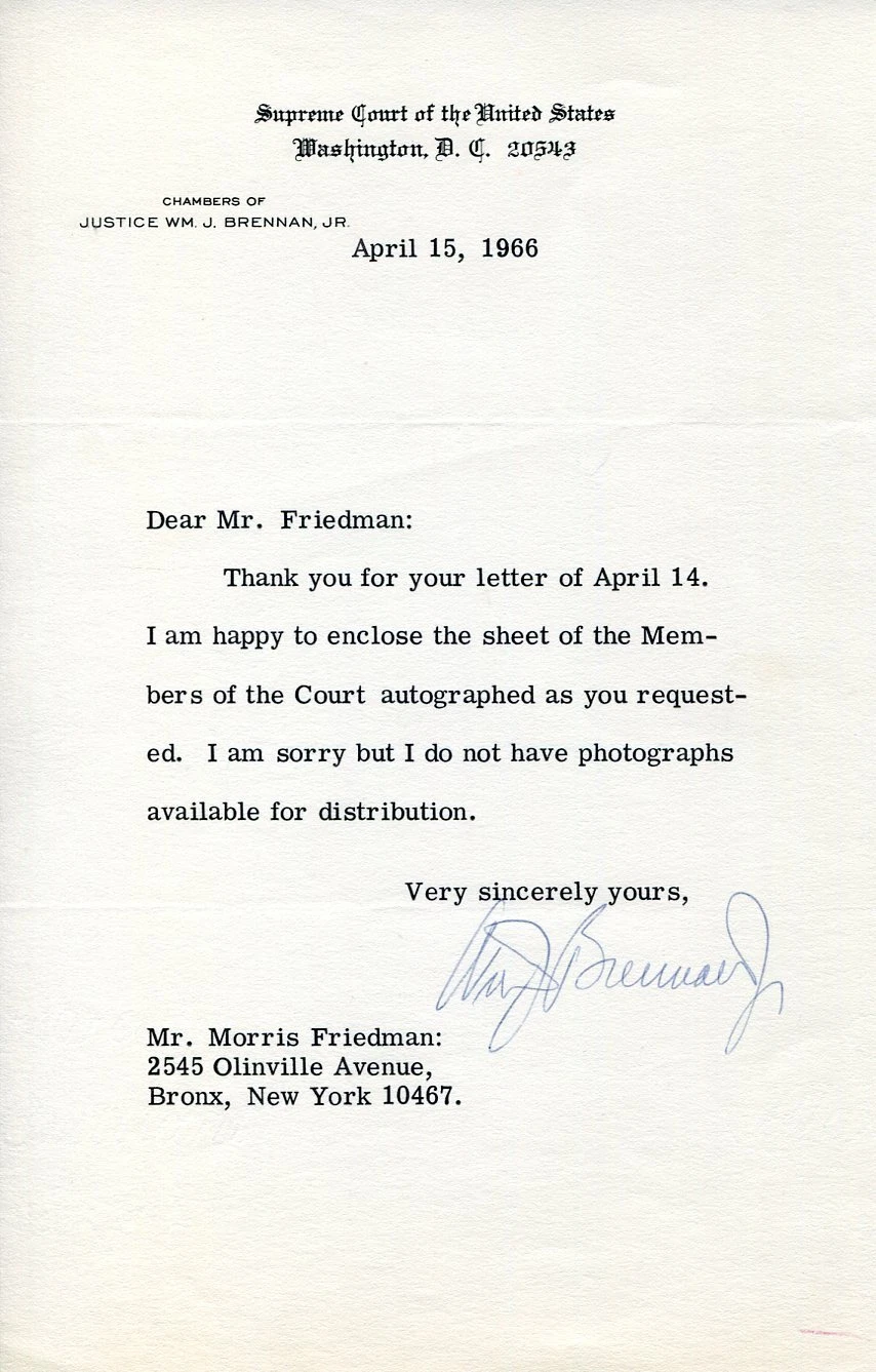 William J. Brennan Jr. Supreme Court Justice Law Signed Autograph TSL Letter
