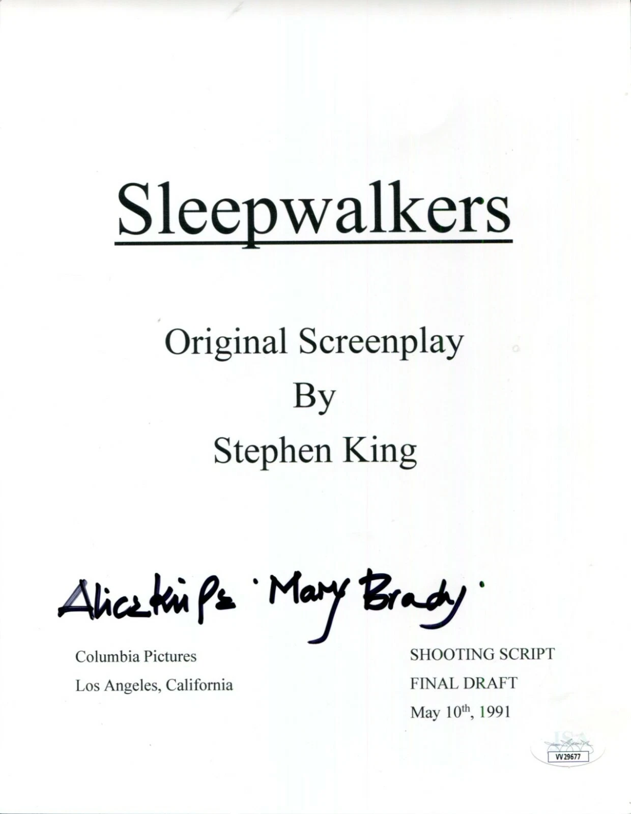 Alice Krige Stephen King Sleepwalkers Mary Signed Autograph Script Cover JSA
