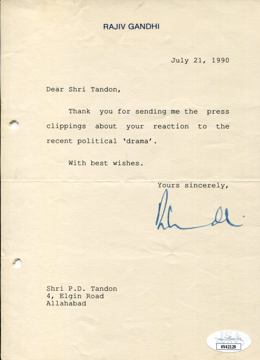 Rajiv Gandhi 6th Prime Minister of India Assassinated Signed Autograph TSL JSA
