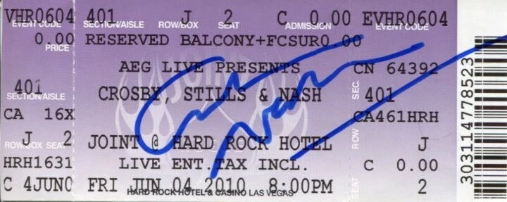 Graham Nash Crosby Stills & Nash Singer Signed Autograph Original Ticket PSA DNA
