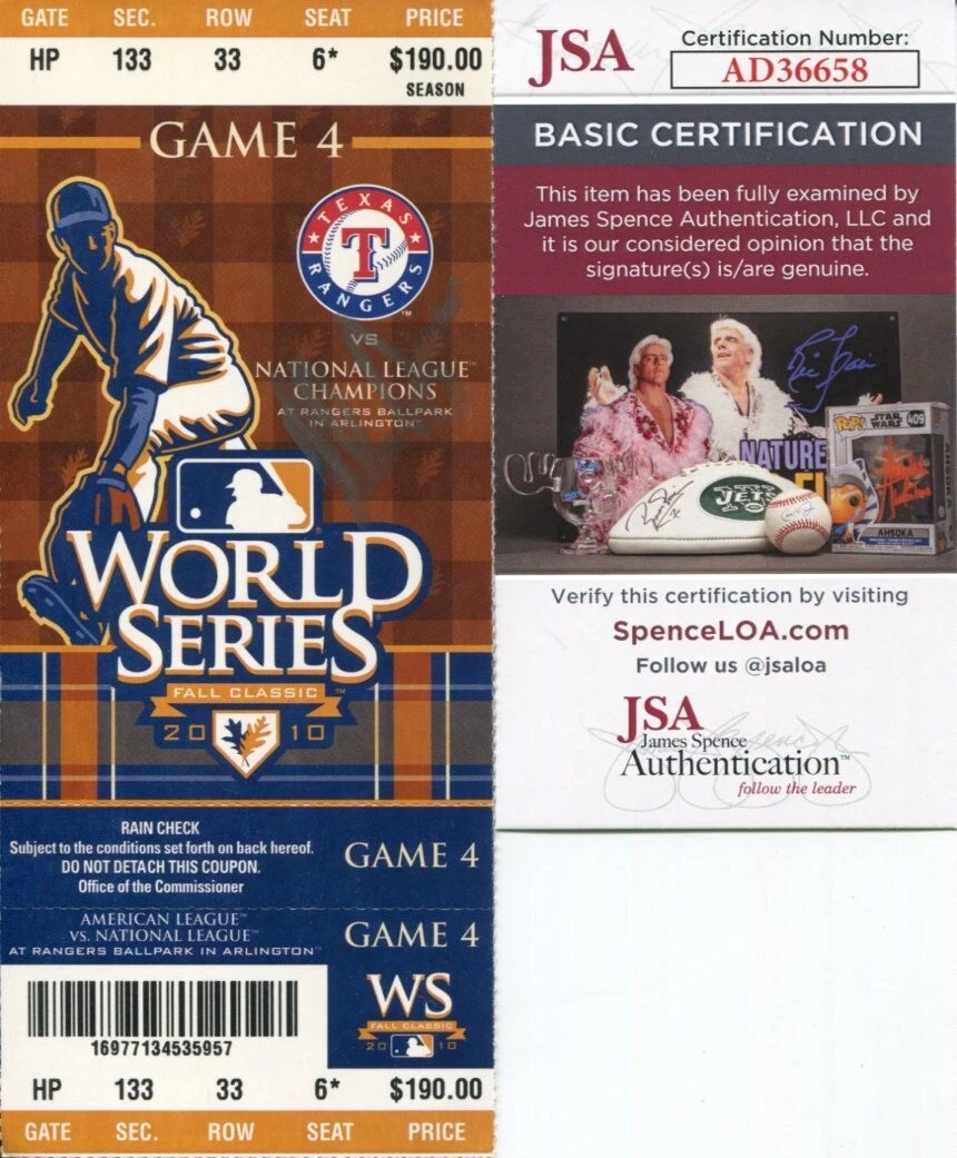 Nolan Ryan Texas Rangers HOF Rare Signed Autograph 2010 World Series Ticket JSA
