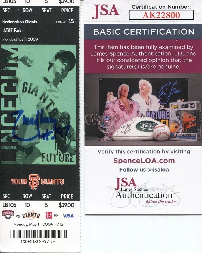 Randy Johnson San Francisco Giants HOF 297th Win Signed Autograph Ticket Stu JSA
