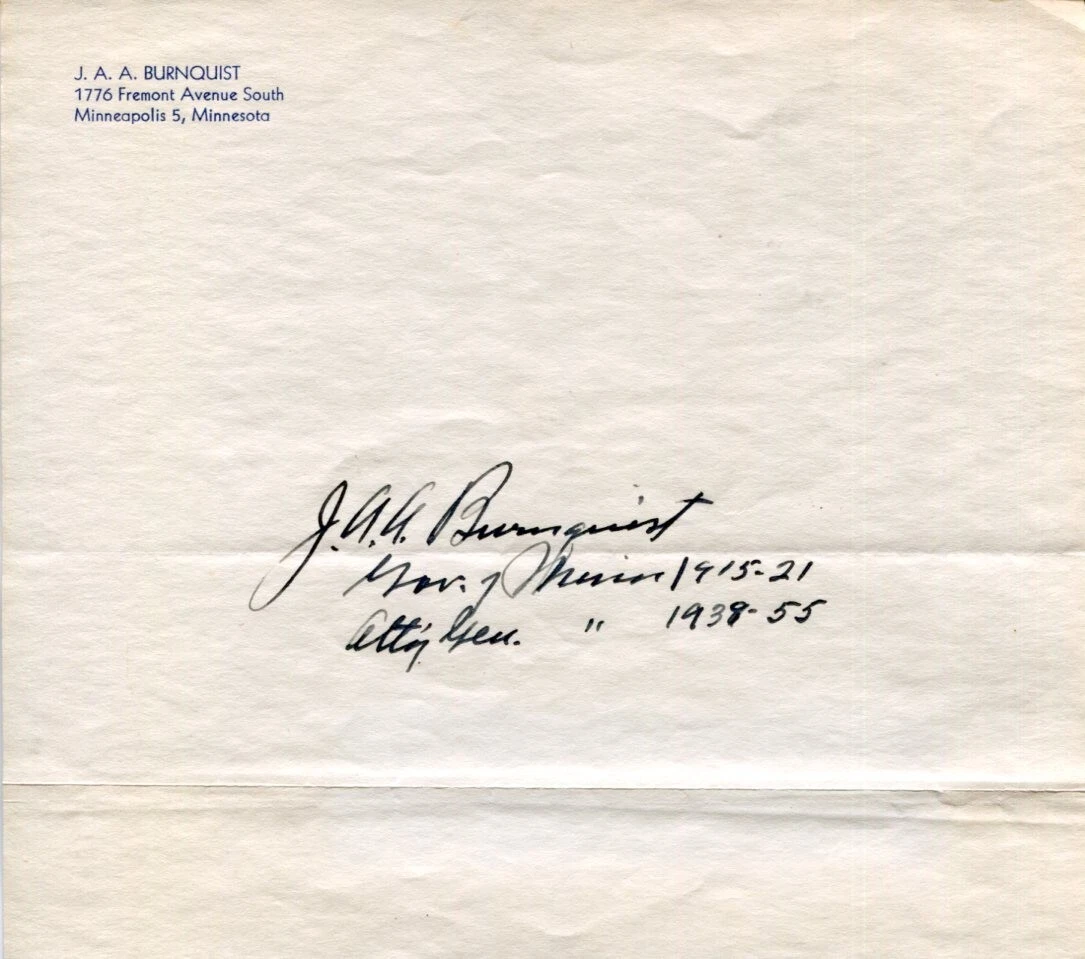 Joseph A. A. Burnquist Governor of Minnesota Attorney General Signed Autograph
