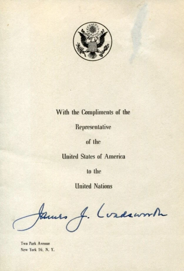 James Jeremiah Wadsworth United Nations Ambassador FCC Commissi Signed Autograph
