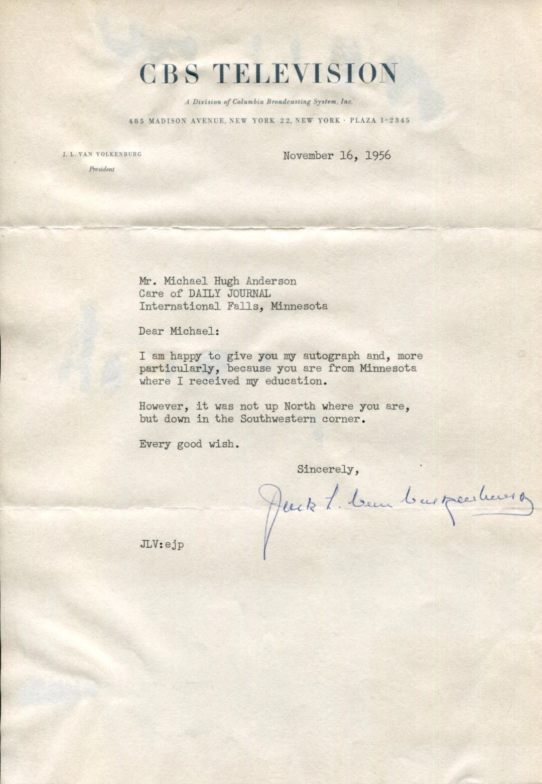 John J. L. Jack Van Volkenburg 1st President of CBS Television Signed Autograph
