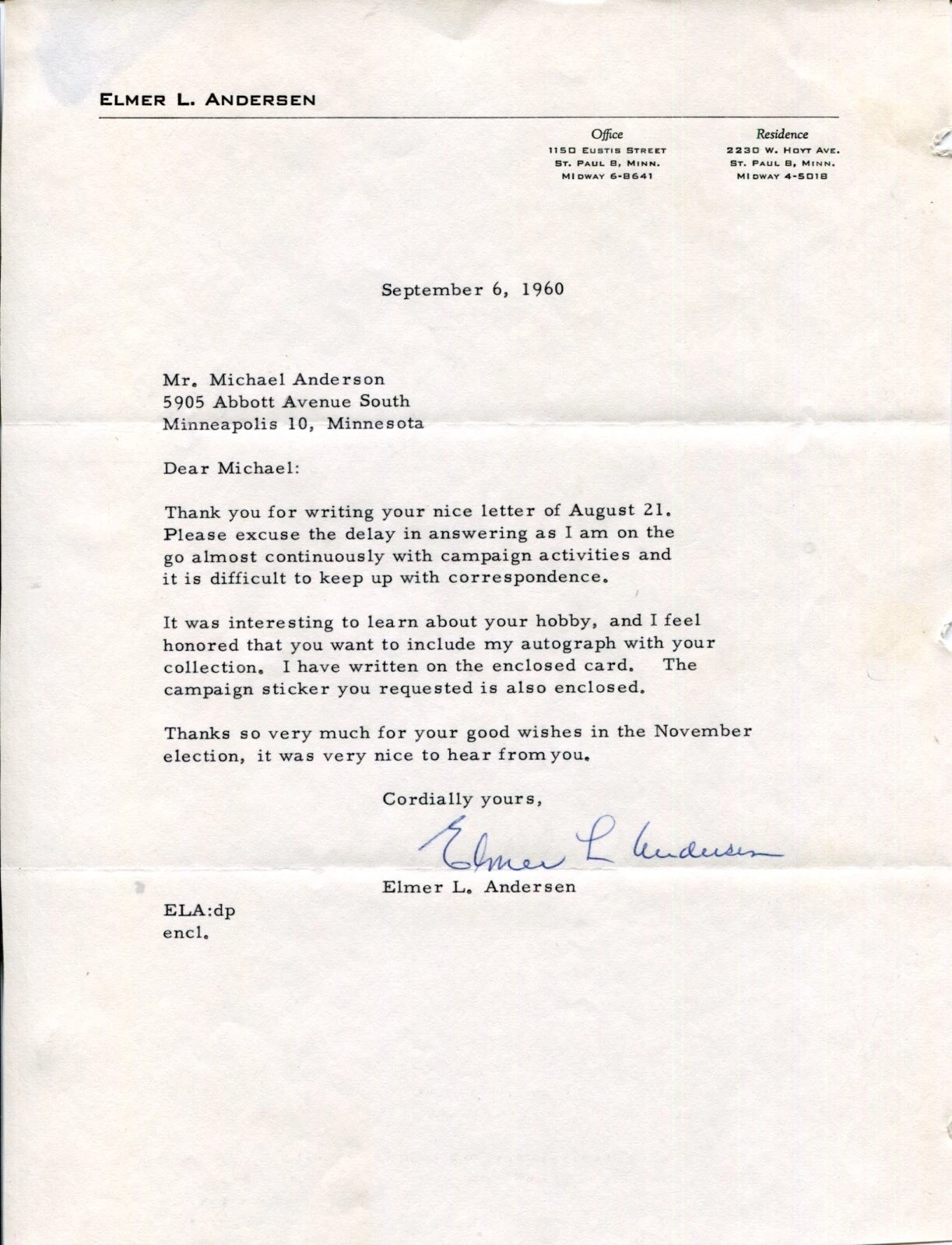 Elmer Andersen Governor Of Minnesota H. B. Fuller Company Signed Autograph
