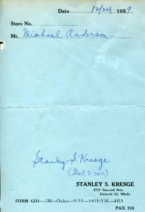 STANLEY S. KRESGE CHAIRMEN SON OF FOUNDER S. S. KRESGE KMART SIGNED AUTOGRAPH COLLECTIBLE MEMORABILIA