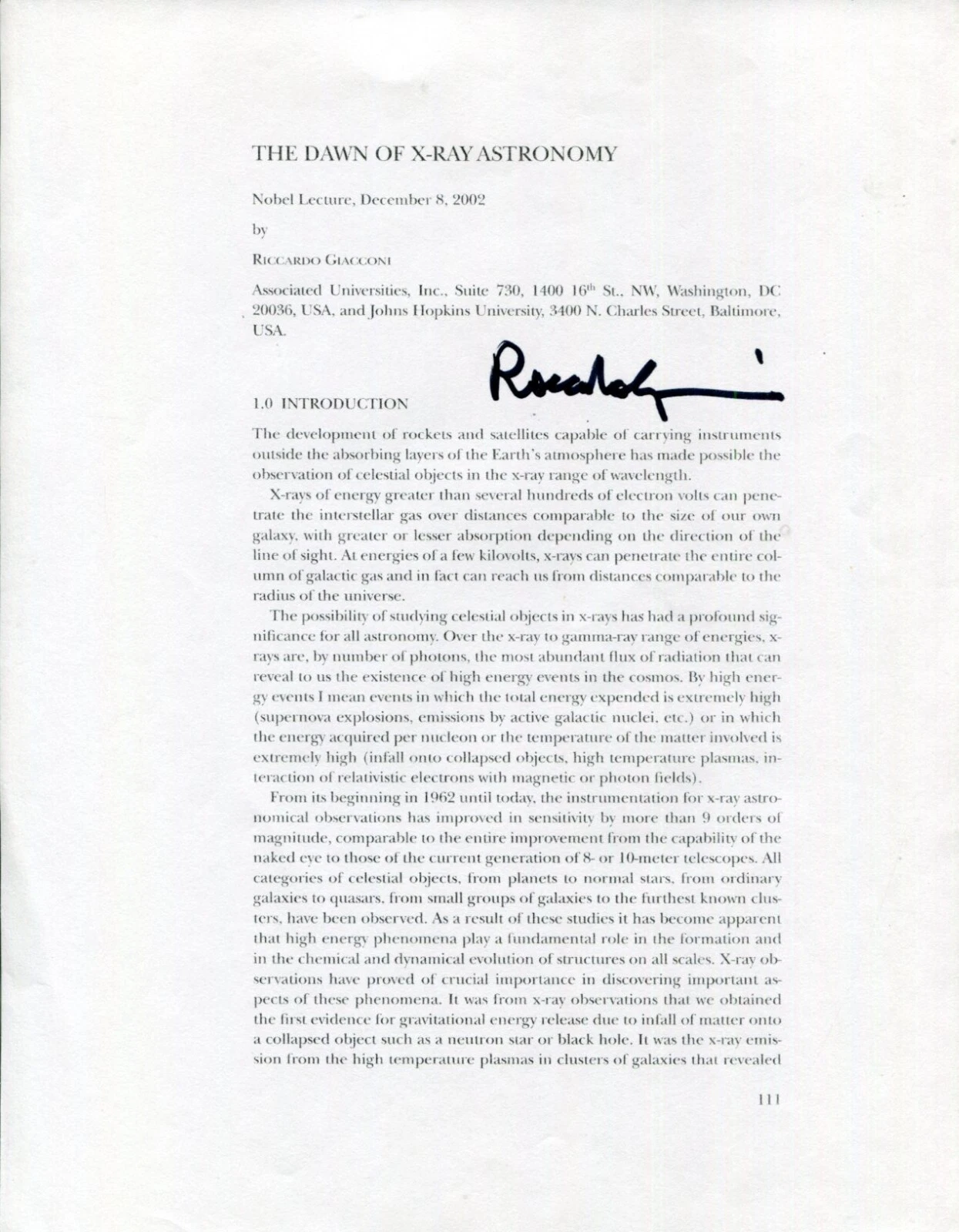 Riccardo Giacconi 2002 Nobel Prize Physics Dawn X-Ray Signed Autograph Lecture
