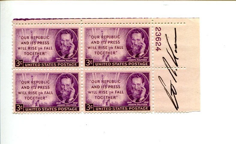 Peter Kann Journalist Author Signed Autograph Pulitzer Winner Stamp Plate Block
