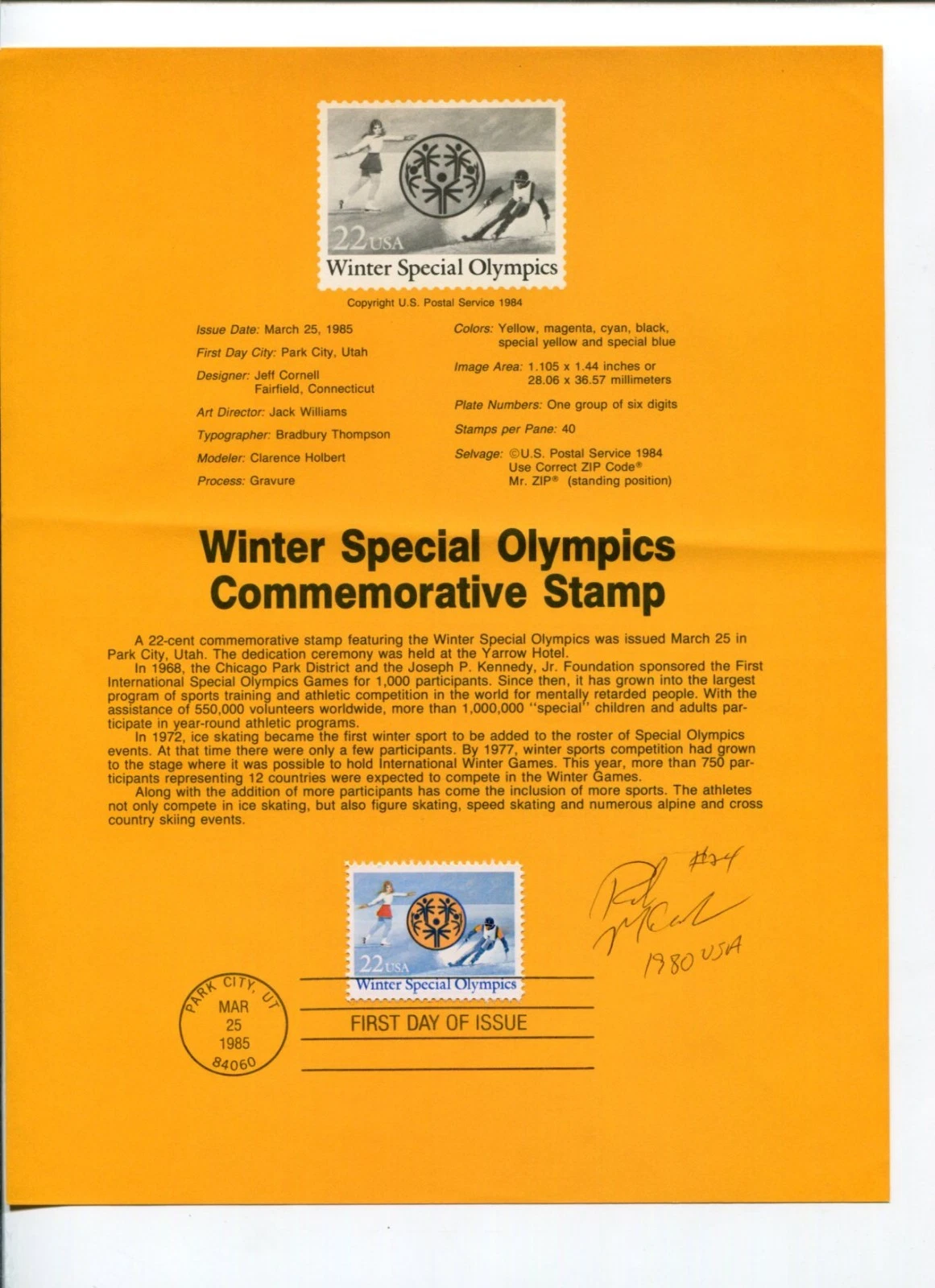 Rob McClanahan 1980 US Olympic Gold Hockey Signed Autograph FDC Sheet JSA
