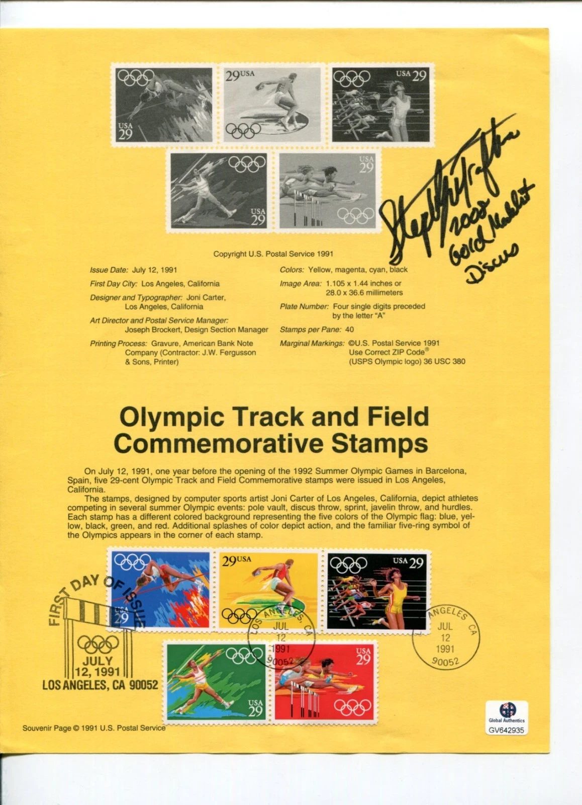 Stephanie Brown Trafton 2008 Olympic Gold Discus Signed Autograph FDC Sheet COA
