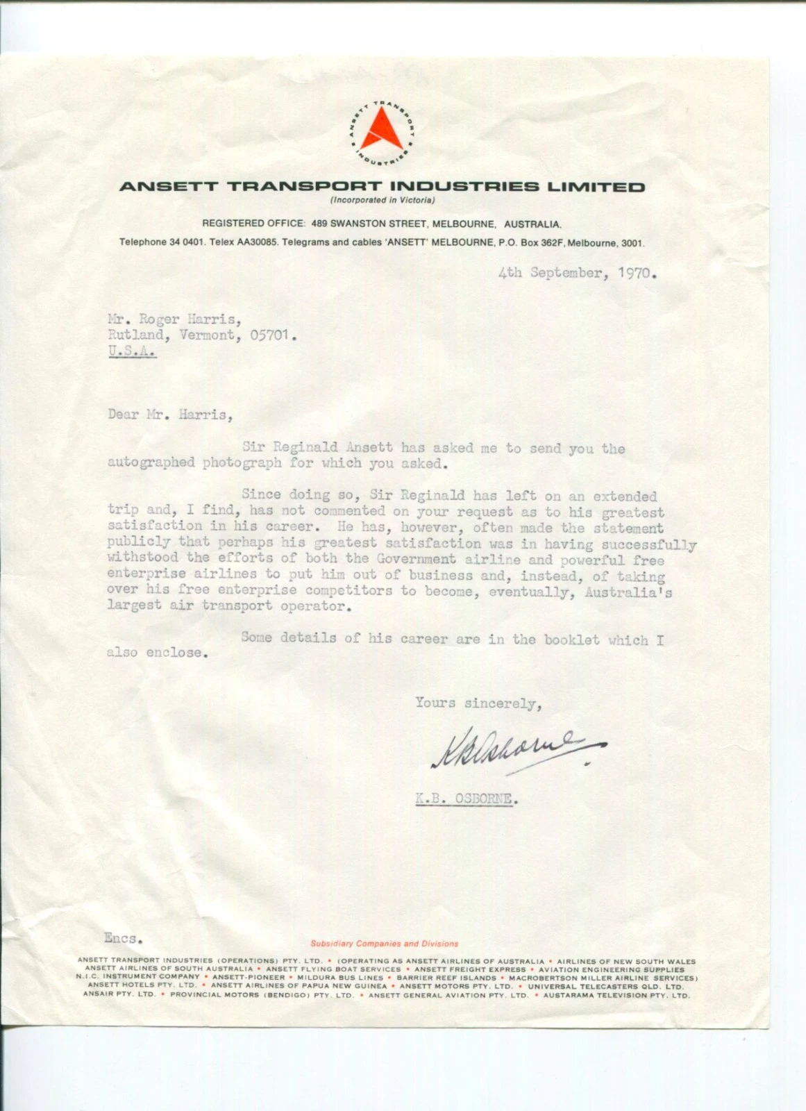 K.B. Osborne Ansett Transport Industries Limited Aviation Signed Autograph TSL

