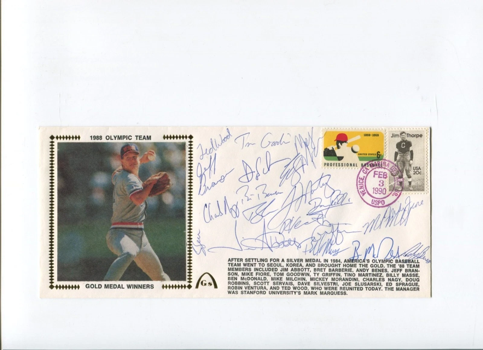 Robin Ventura Jim Abbott And Complete Team 1988 Olympic Baseball Signed FDC JSA
