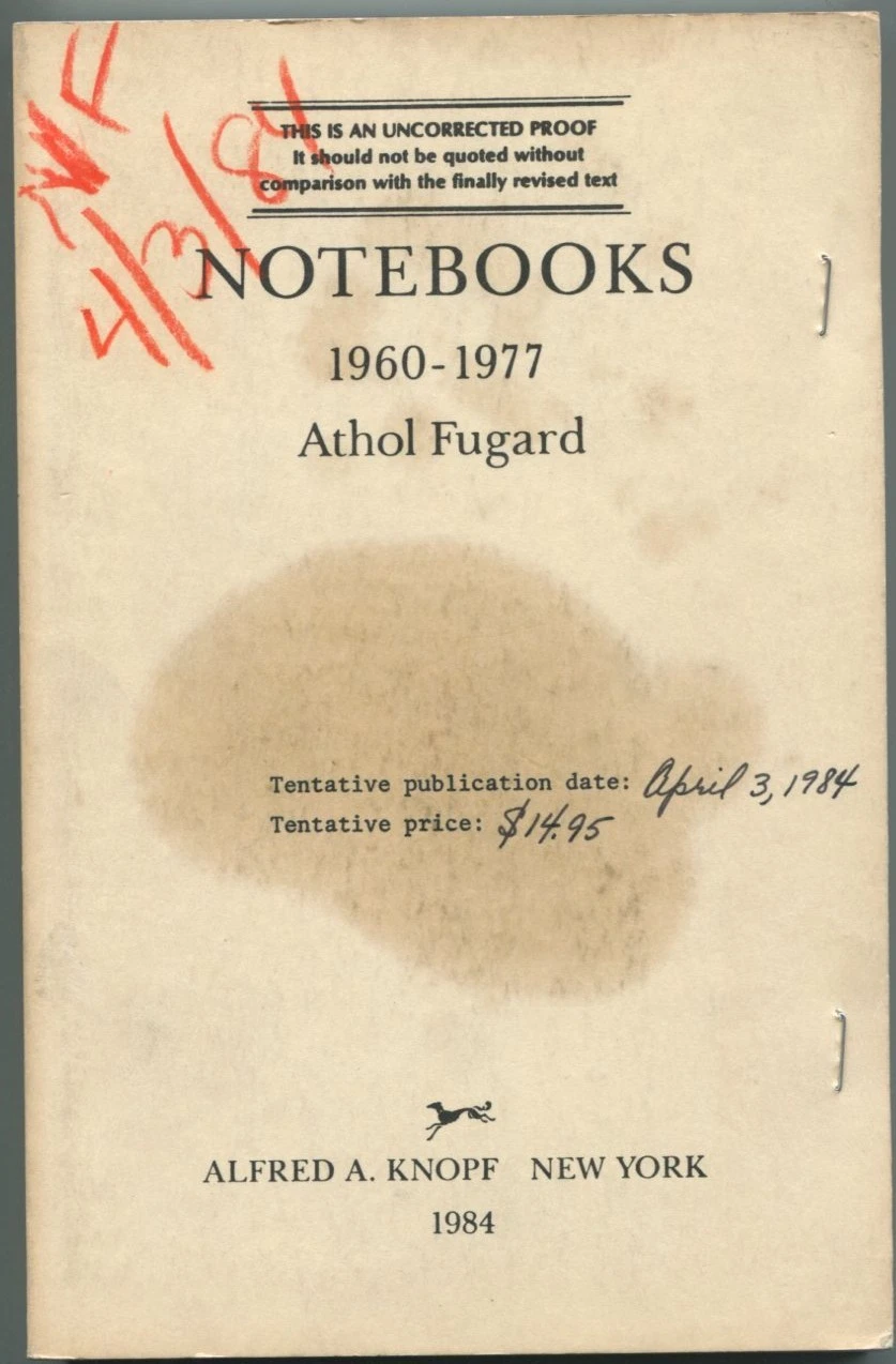 Athol Fugard Notebooks 1960-1977 Signed Autograph Rare Uncorrected Proof Book
