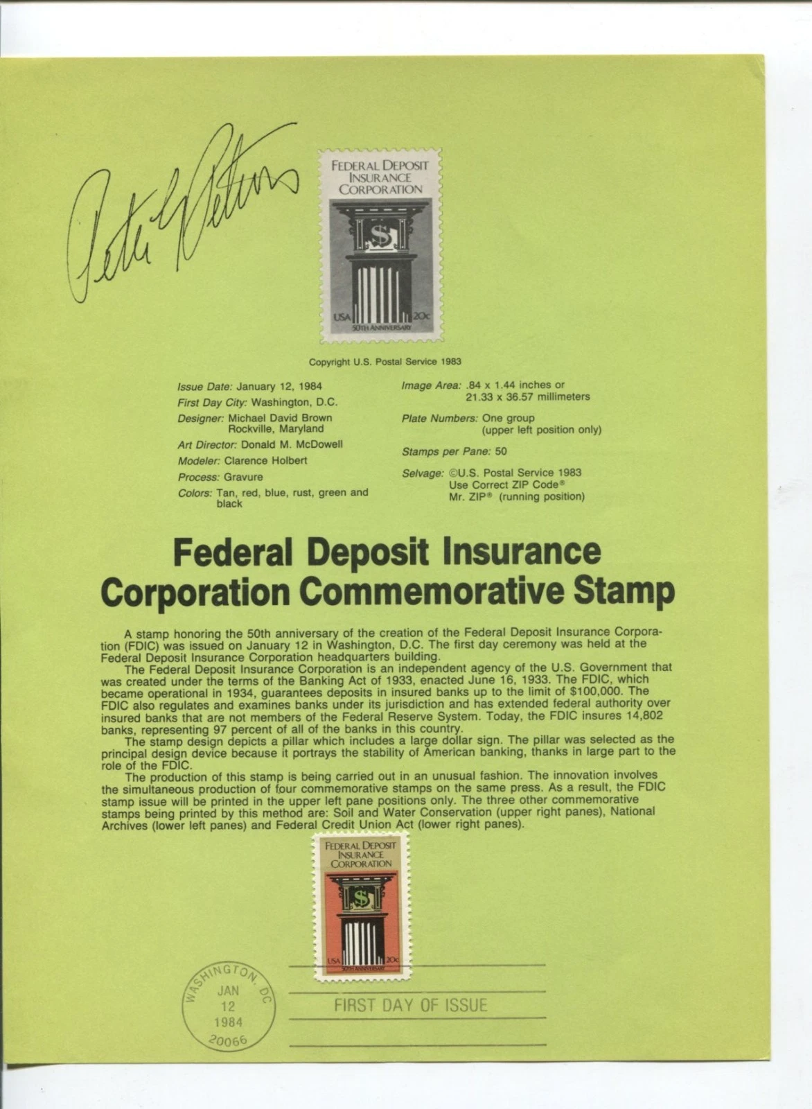 Peter G Peterson US Secretary of Commerce Signed Autograph FDC Sheet
