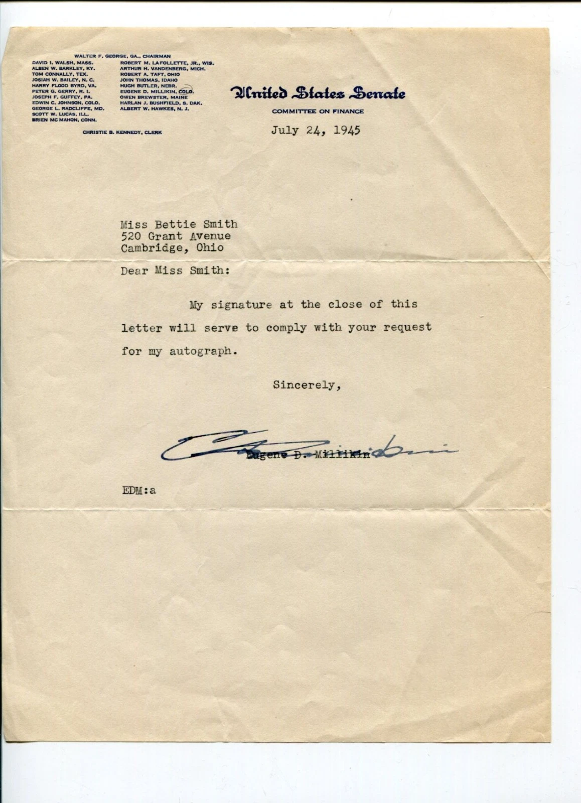 Eugene Millikin Colorado CO US Senator Congress Signed Autograph TSL
