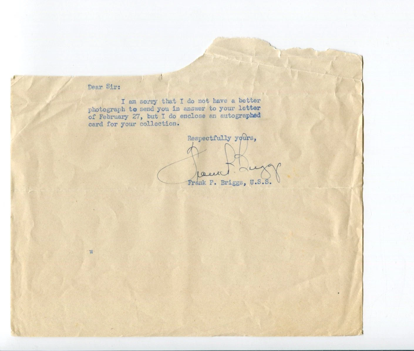 Frank P Briggs MO Missouri US Senator Congress Signed Autograph Letter TSL
