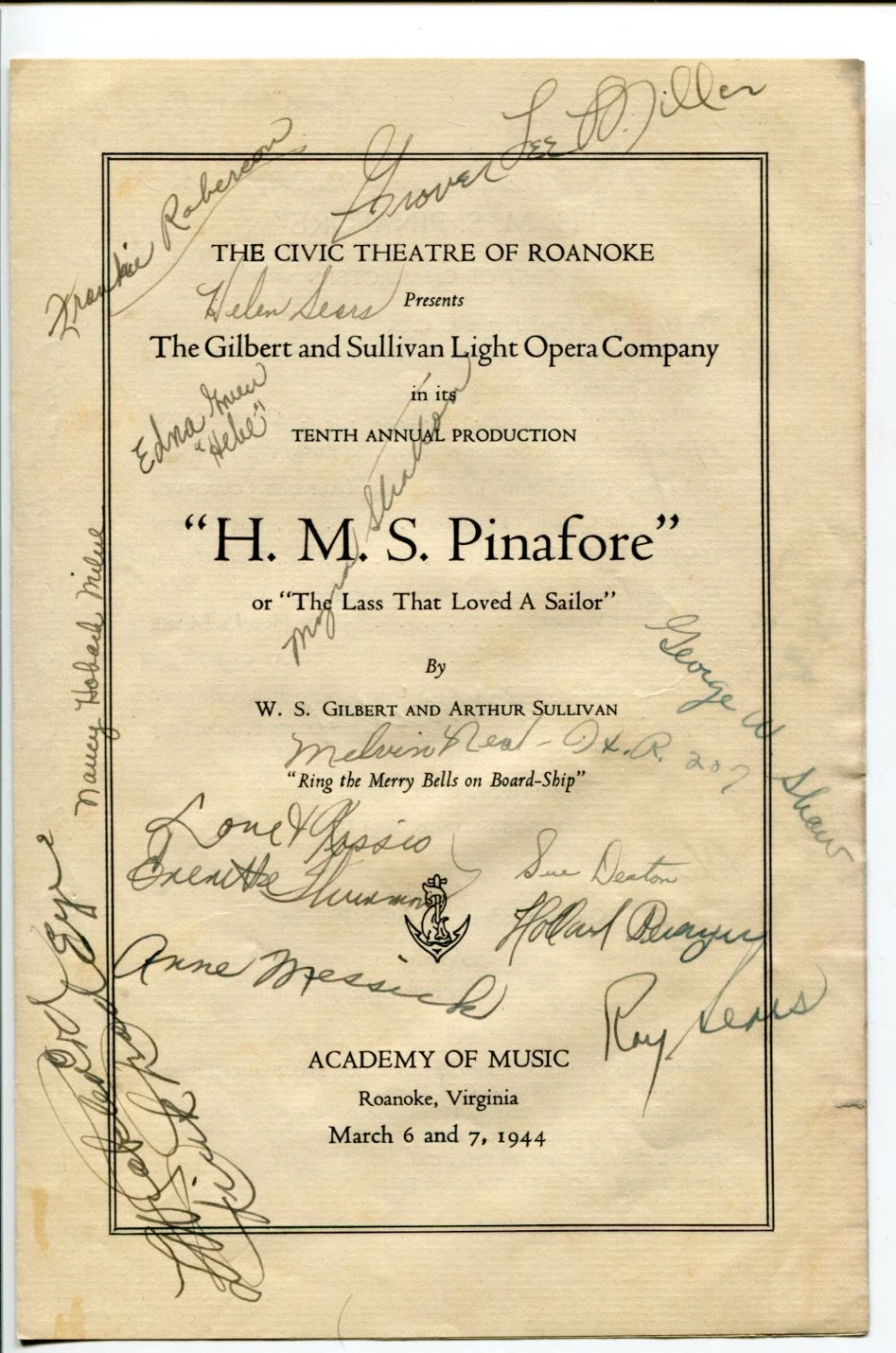 H.M.S. Pinafore Academy Of Music Roanoke Virginia March 1944 Cast Signed Program
