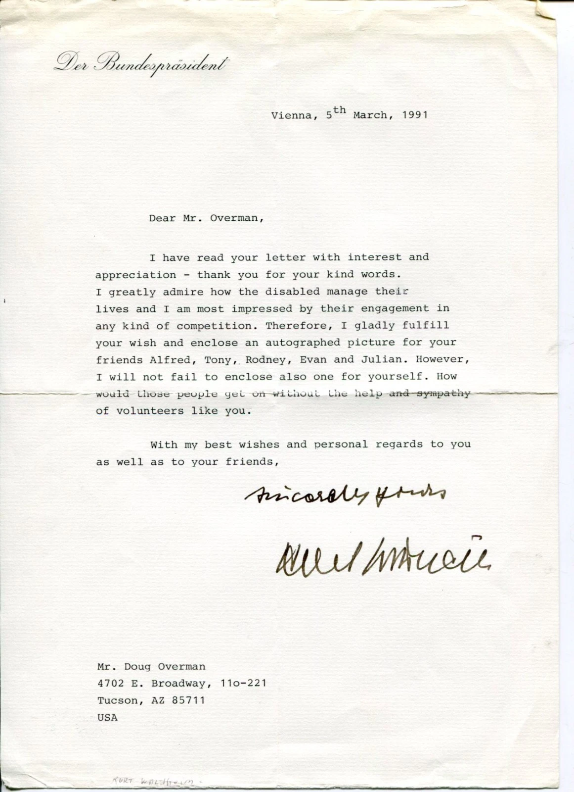 Kurt Waldheim UN Secretary General Austria President Signed Autograph TSL Letter
