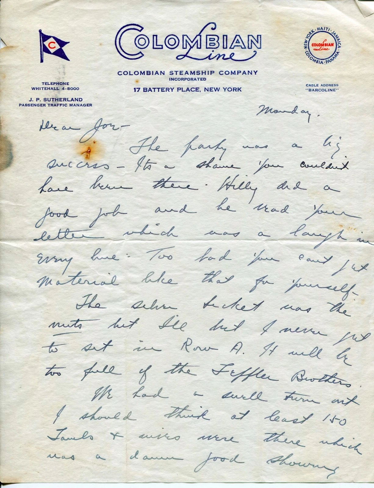 1930s Unknown Singer Entertaine Colombian Steamship Company Signed Autograph ALS
