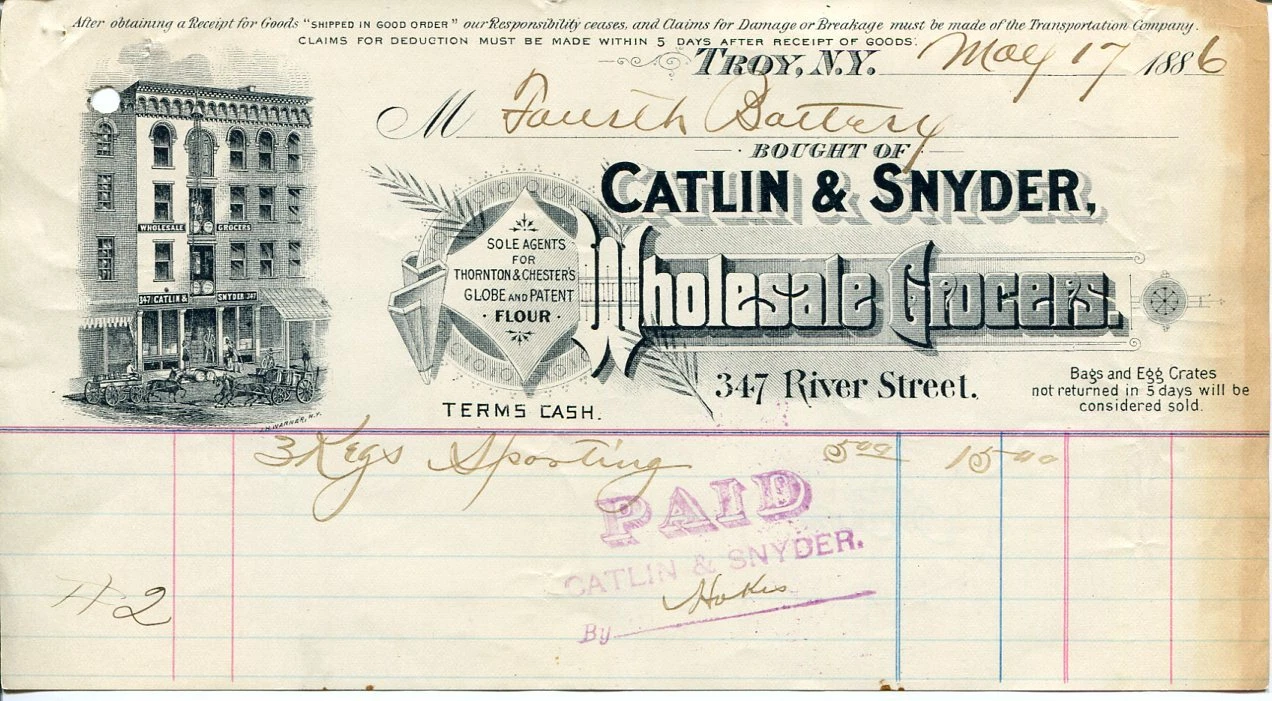 Catlin & Snyder Wholesale Grocers Troy New York NY Signed 1886 Receipt Document
