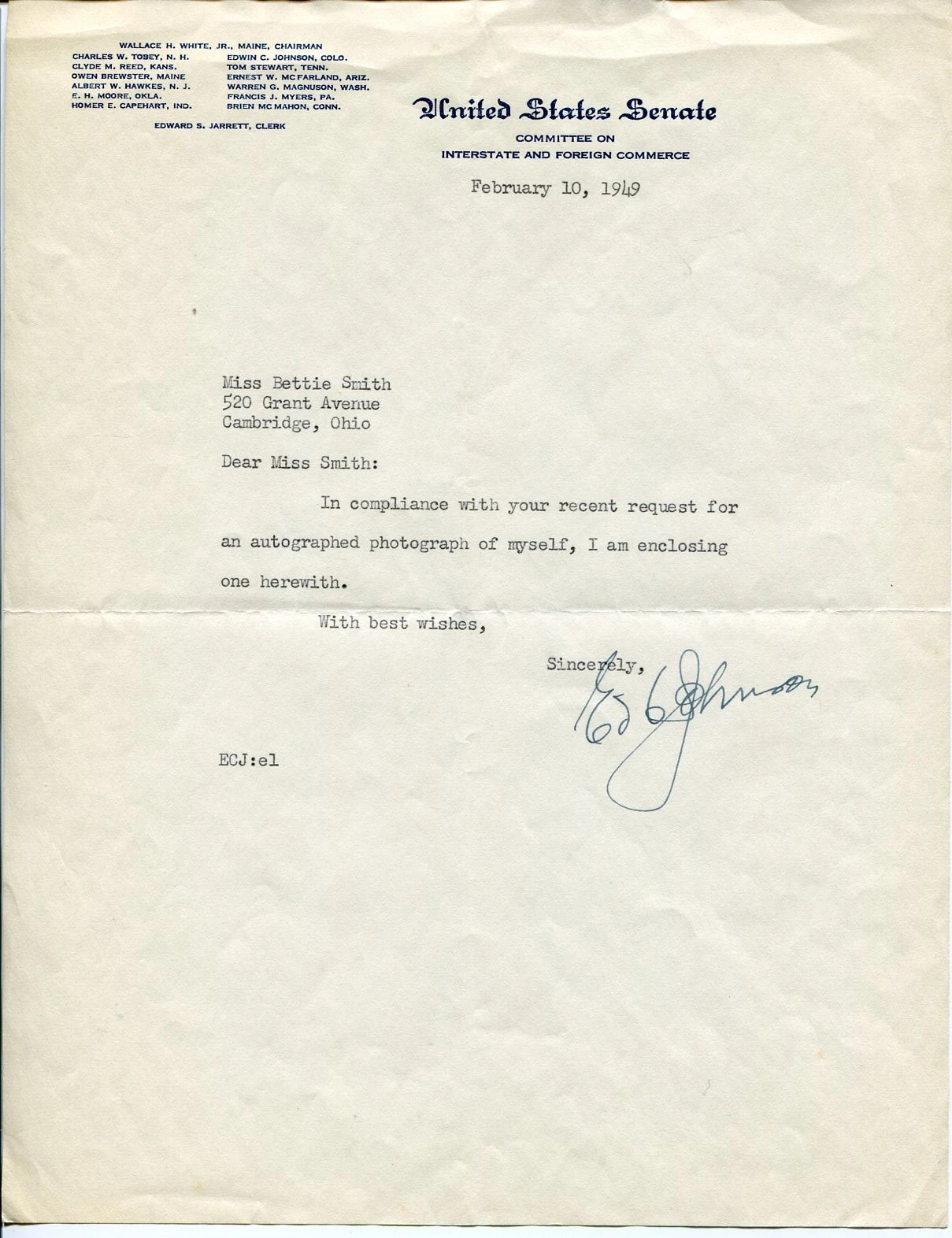 Edwin Johnson Colorado US Senator Congress Governor Signed Autograph TSL
