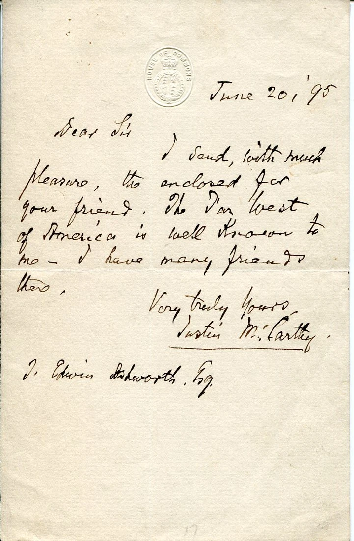 Justin McCarthy Irish Nationalist MP Historian Author Signed Autograph Letter
