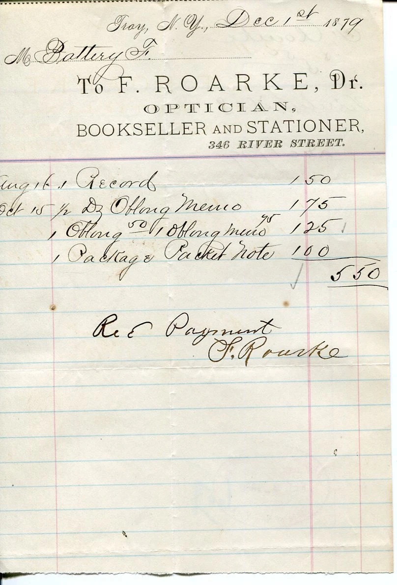 Dr. Francis Roarke Optician & Bookseller Troy New York Signed 1879 Receipt

