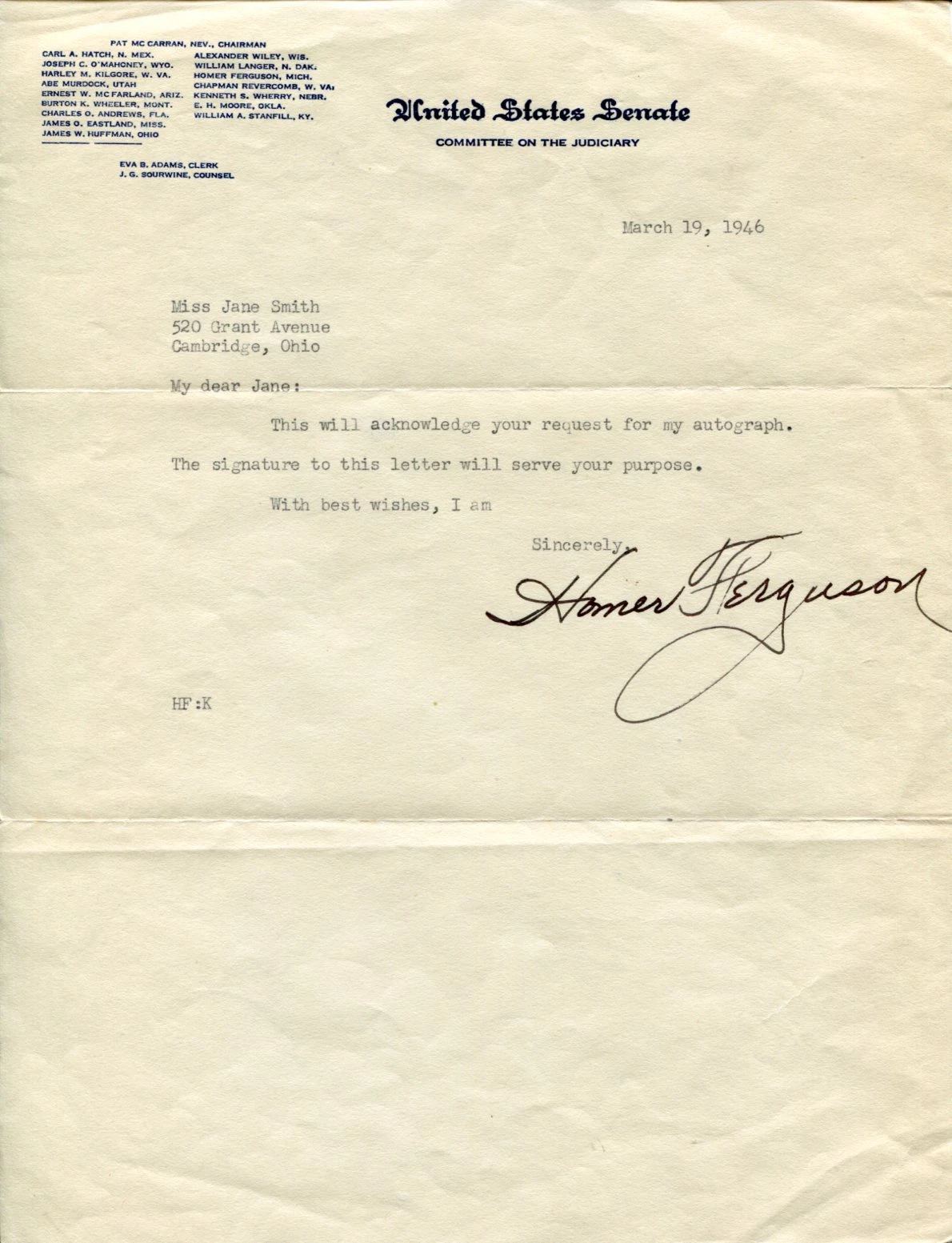 Homer S Ferguson Michigan US Senator Congress Signed Autograph Letter TSL
