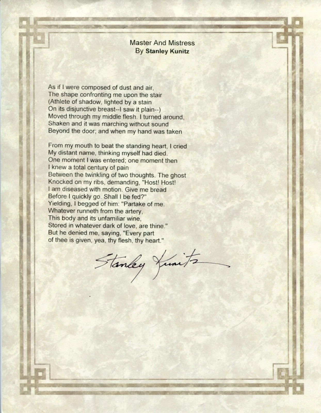 Stanley Kunitz US Poet Laureate Signed Autograph After Master And Mistress Poem
