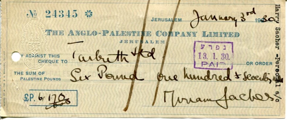 Harry Sacher Zionist Leader Lawyer World Zionist Judica Signed Autograph Check

