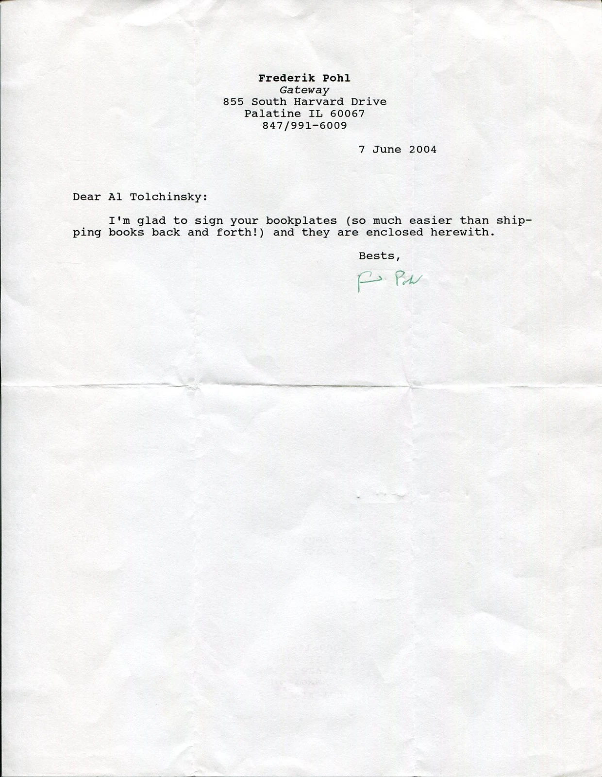 Frederik Pohl Sci Fi Science Fiction Author Write Signed Autograph TSL Letter
