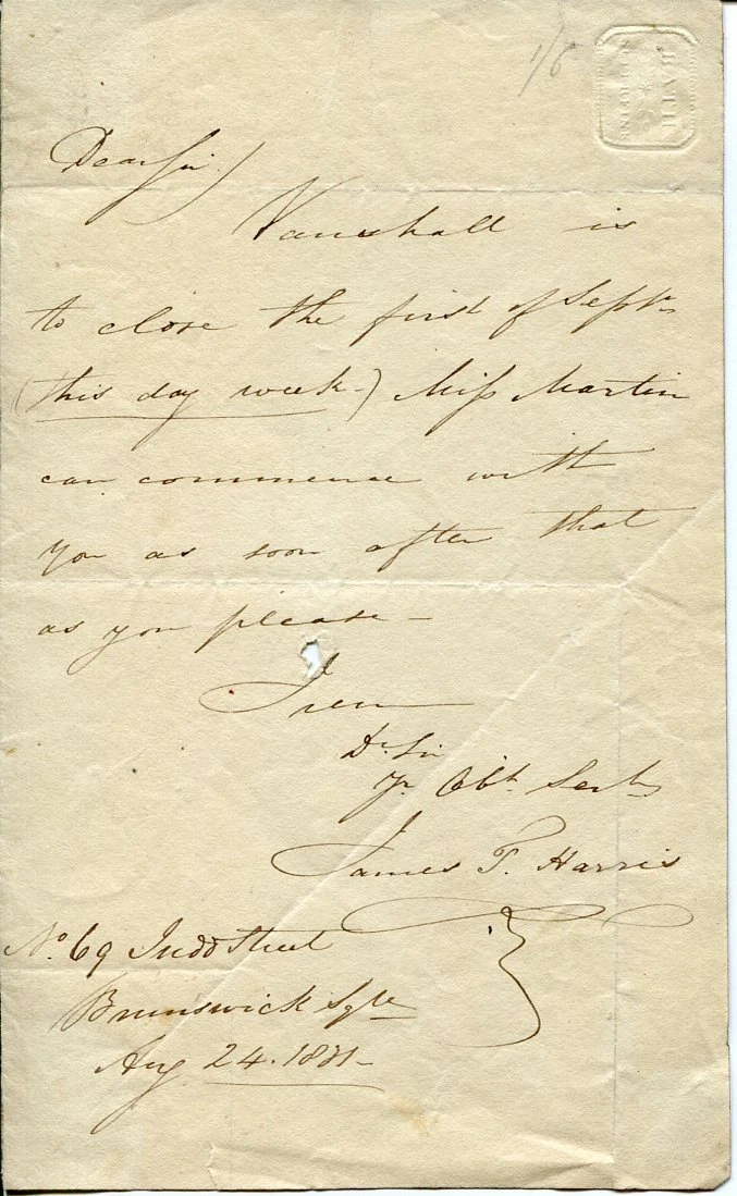 J. T. Harris Director Chorus Master Drury Lane Theatre 1821 Signed Autograph ALS
